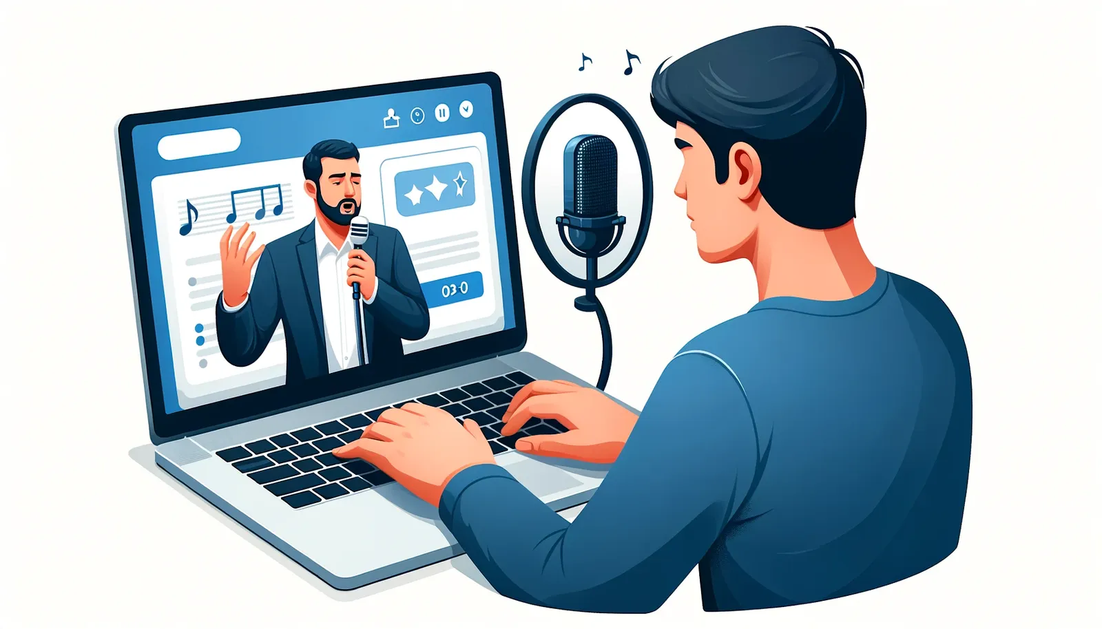 Person lernt singen online mit einem Tutorial auf dem Laptop und übt mit einem Mikrofon.