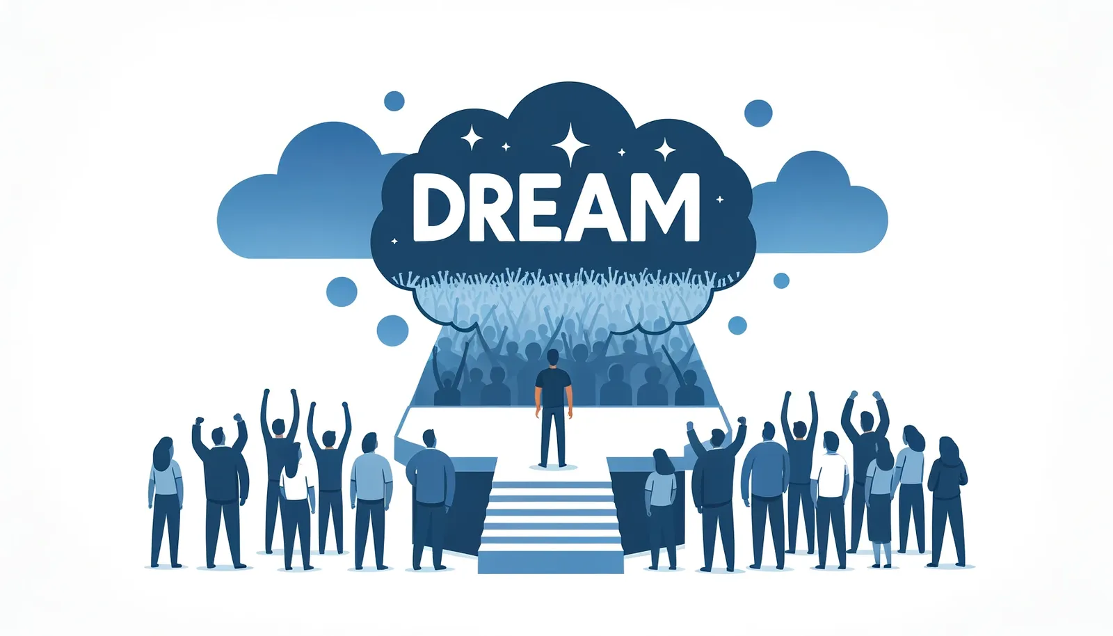 Illustration einer Gruppe von Menschen, die auf einen Redner zugehen, der das Wort 'DREAM' über sich projiziert, symbolisch für die Vision des Singen Lernens.