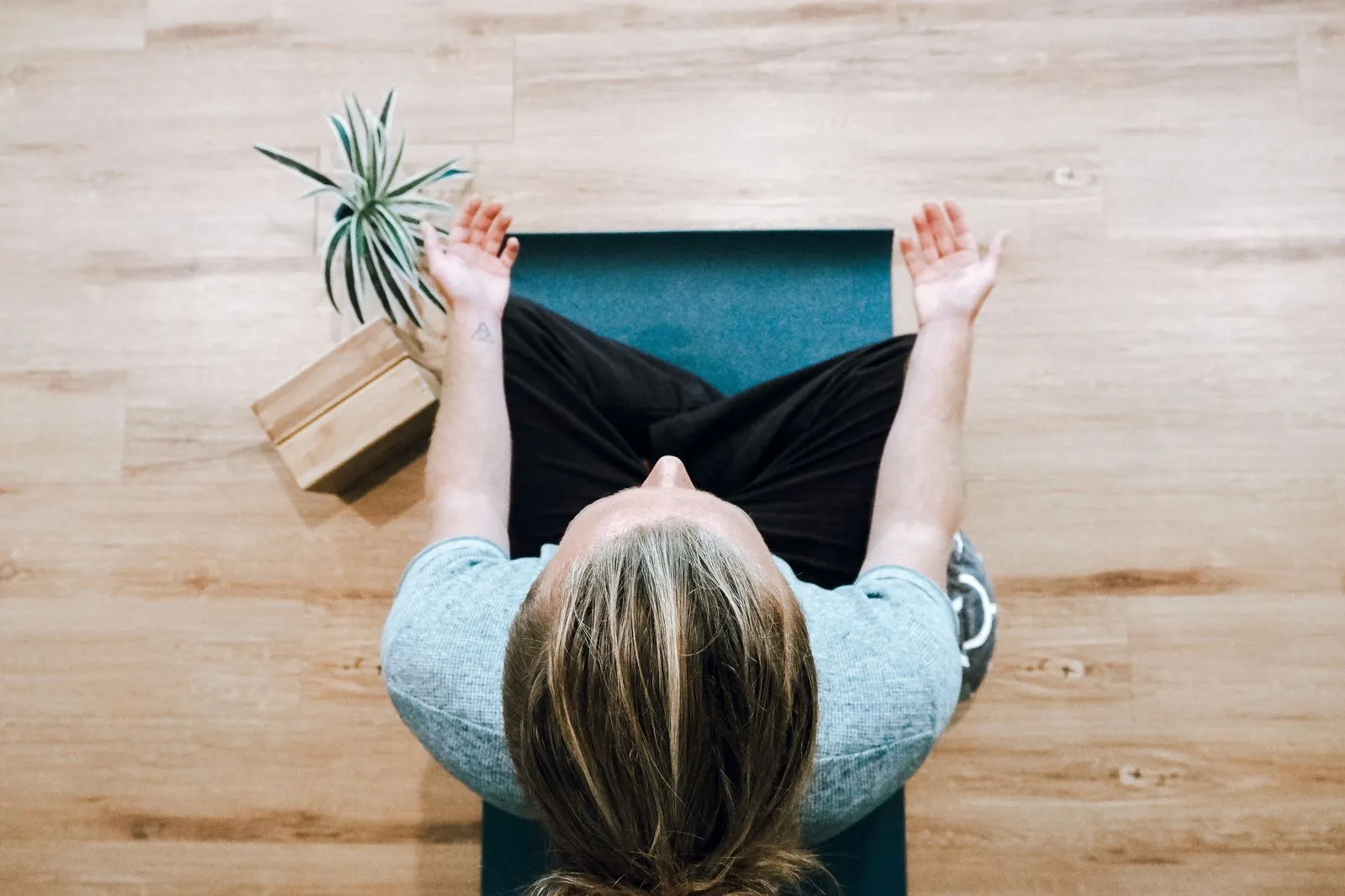 Overhead view of a person with long hair meditating on a yoga mat, hands resting on knees, with a small plant and wooden blocks nearby.