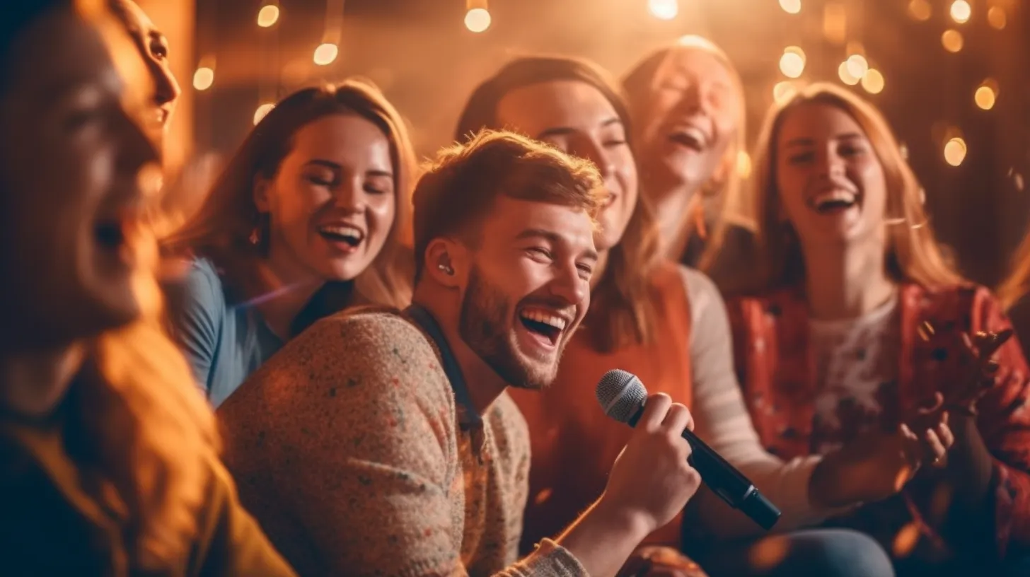 A lively and heartwarming image of a diverse group of people happily singing together in a karaoke session, captured in a realistic and candid setting.
