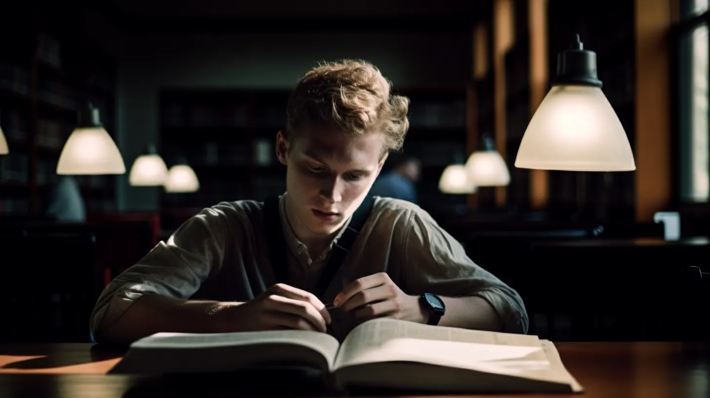 a photo of a young blond man studying in a library