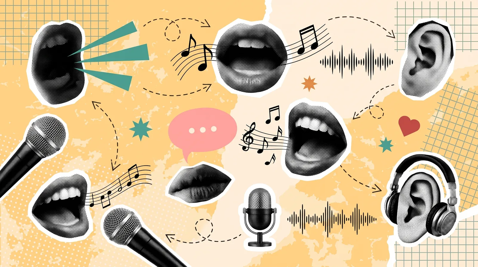 Collage aus singenden Mündern, Ohren, Mikrofonen und Schallwellen als Bild für die Verbindung von Hören und Singen